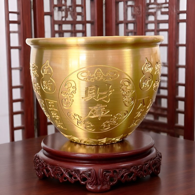 金色黄铜黄财库缸招财缸五路财神日进斗金四季金蟾客厅工艺品摆件