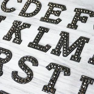 Alphabet Letters Rhinestones Patche Iron Sew Black ABC