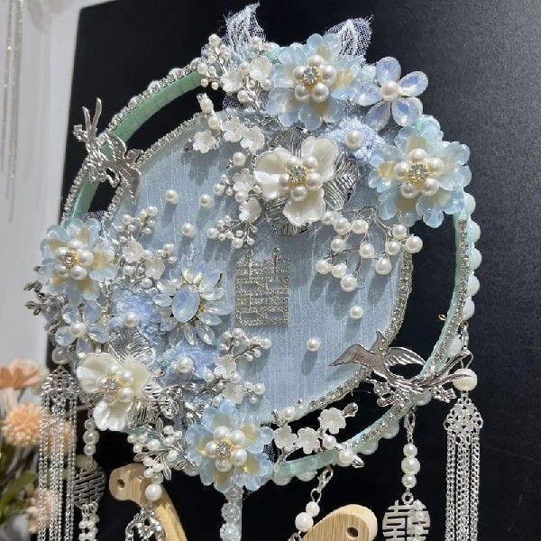 Antique Blue Wedding Bride Hand-held Fan, Finished Xiuhe