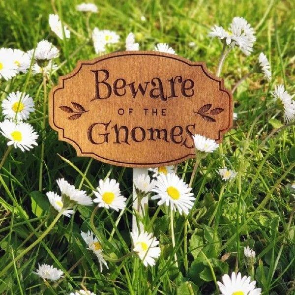 Beware of Gnomes Sign Ground Plug Wooden Handmade Warning