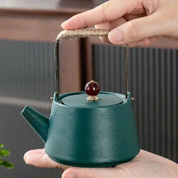 Black Pottery Lifting Beam Teapot Simple Agate Tea Set