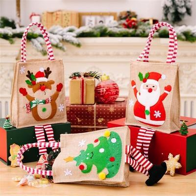 Cartoon Print Gift Bag, Striped Handle Christmas Tote Kids
