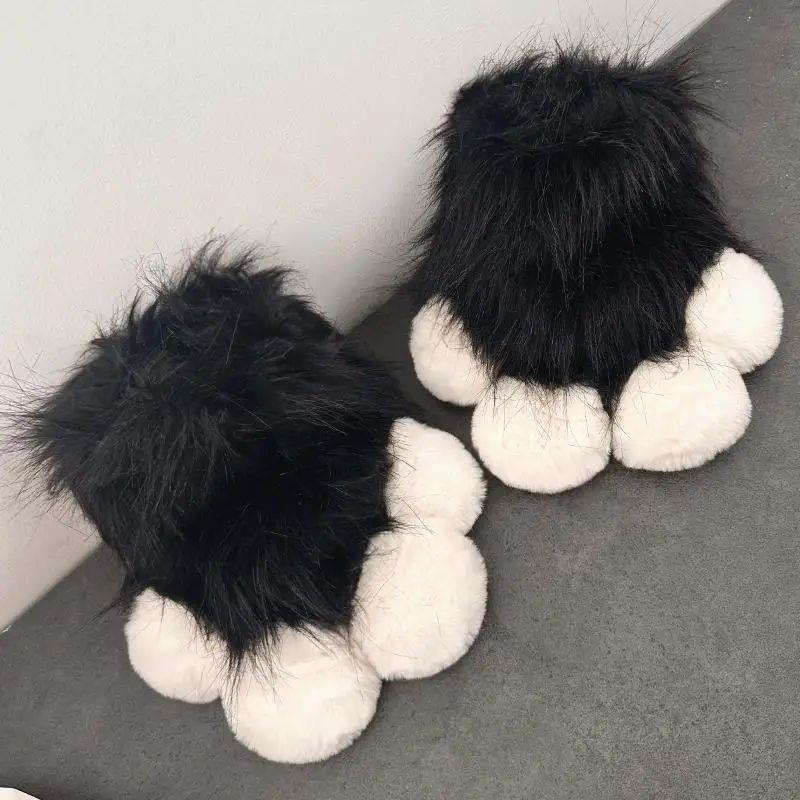 Plush Furry Cat Claw Gloves Faux Fur Fox Paws Mittens