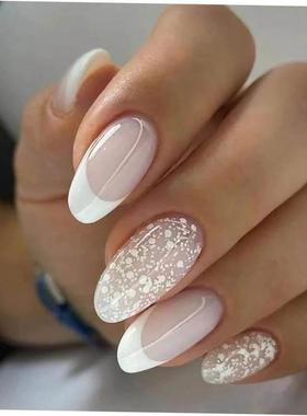 24Pcs French False Nails Almond Fake Nails with Glue Press o