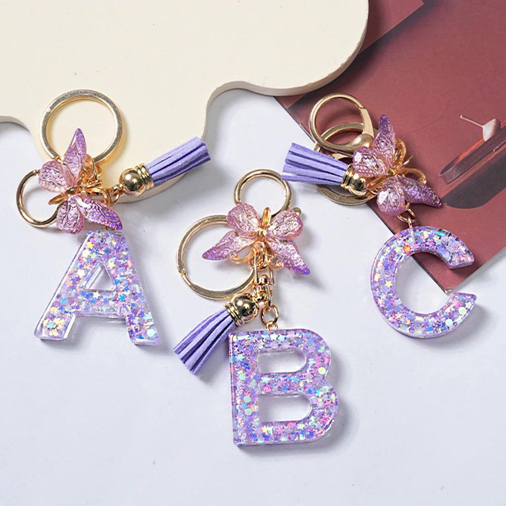 A-Z Sequins Initial Letter Keychain Purple Butterfly Tassel