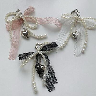 1Pcs Sweet Lace Bow Beaded Bow Keychain Phone Charm Strap Pe