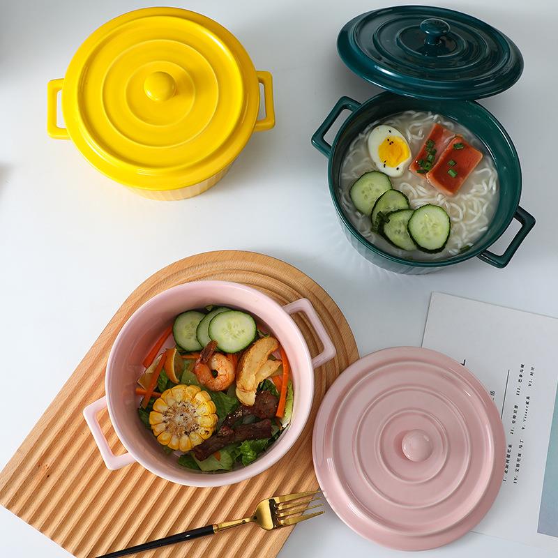 Colorful Striped Bowl with Lid Double Ear Ceramic Pot