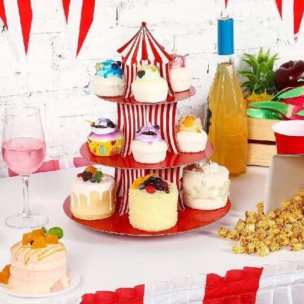 1Set 3 Tier Circus Carnival Paper Cupcake Stand Red Striped