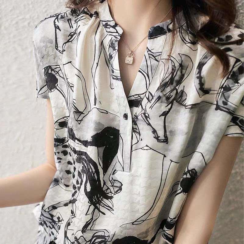 Spring and Summer New Short-sleeved Satin Ink Collar Shirt f