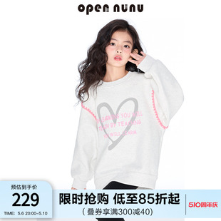 opennunu女童灰白爱心卫衣春秋新款 印花上衣潮 气俏皮中大童长袖 元