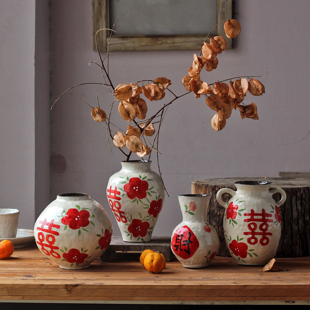 景德镇粗陶花瓶插花复古乔迁陶瓷摆件新婚房日式中式花福喜插花器