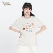 Guozii手绘风圆领正肩短袖 打底休闲上衣 t恤女学院甜妹多巴胺夏季