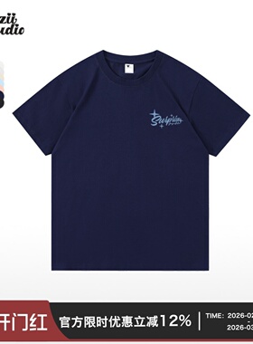 Guozii藏蓝色显白设计感纯棉重磅潮牌字母印花短袖t恤女显瘦上衣