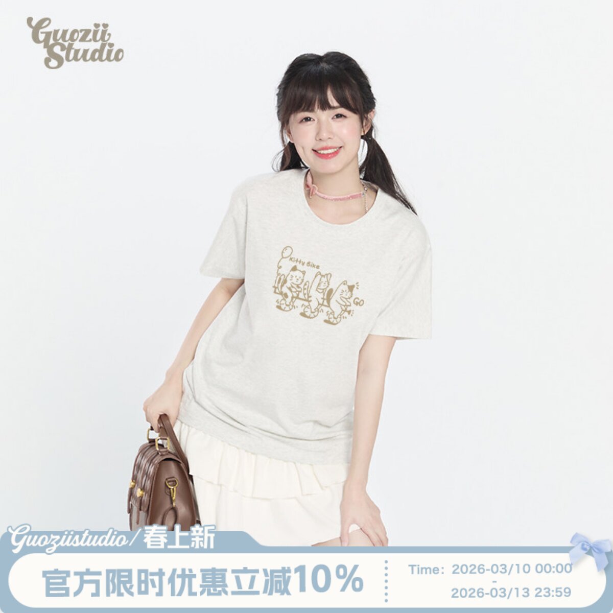 纯棉单车小猫重磅短袖t恤女正肩花灰色美式卡通小众休闲圆领上衣