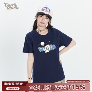 Guozii藏蓝色纯棉原创设计正肩短袖 t恤女情侣学院风百搭休闲上衣