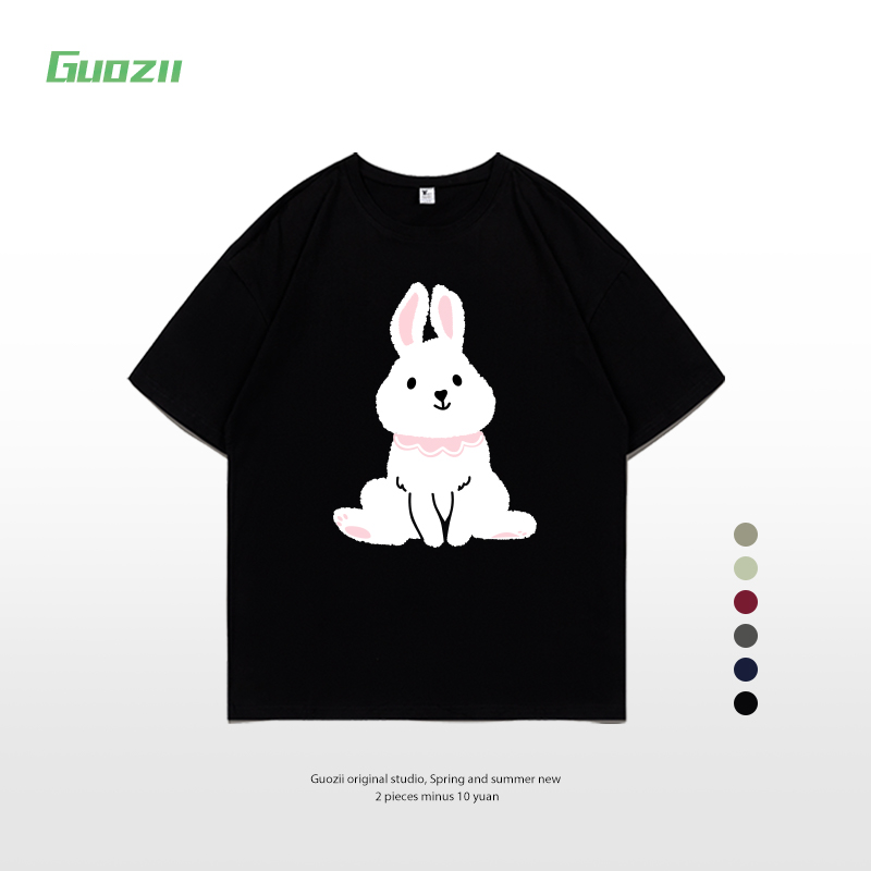 Guozii奶系小兔子黑色正肩t恤短袖女纯棉潮牌情侣百搭软妹体恤夏