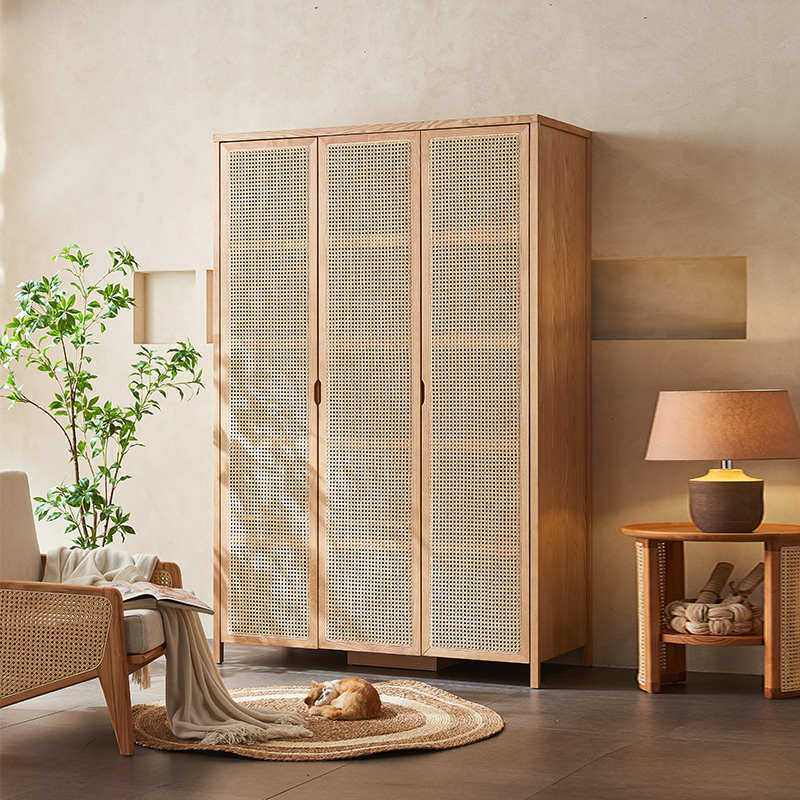 日式实木藤编衣柜小户型家用三门储物柜诧寂风复古民宿酒店衣橱柜