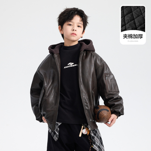 男童秋冬装 儿童加厚夹棉皮衣中大童潮酷帅气棉服 机车外套2025新款