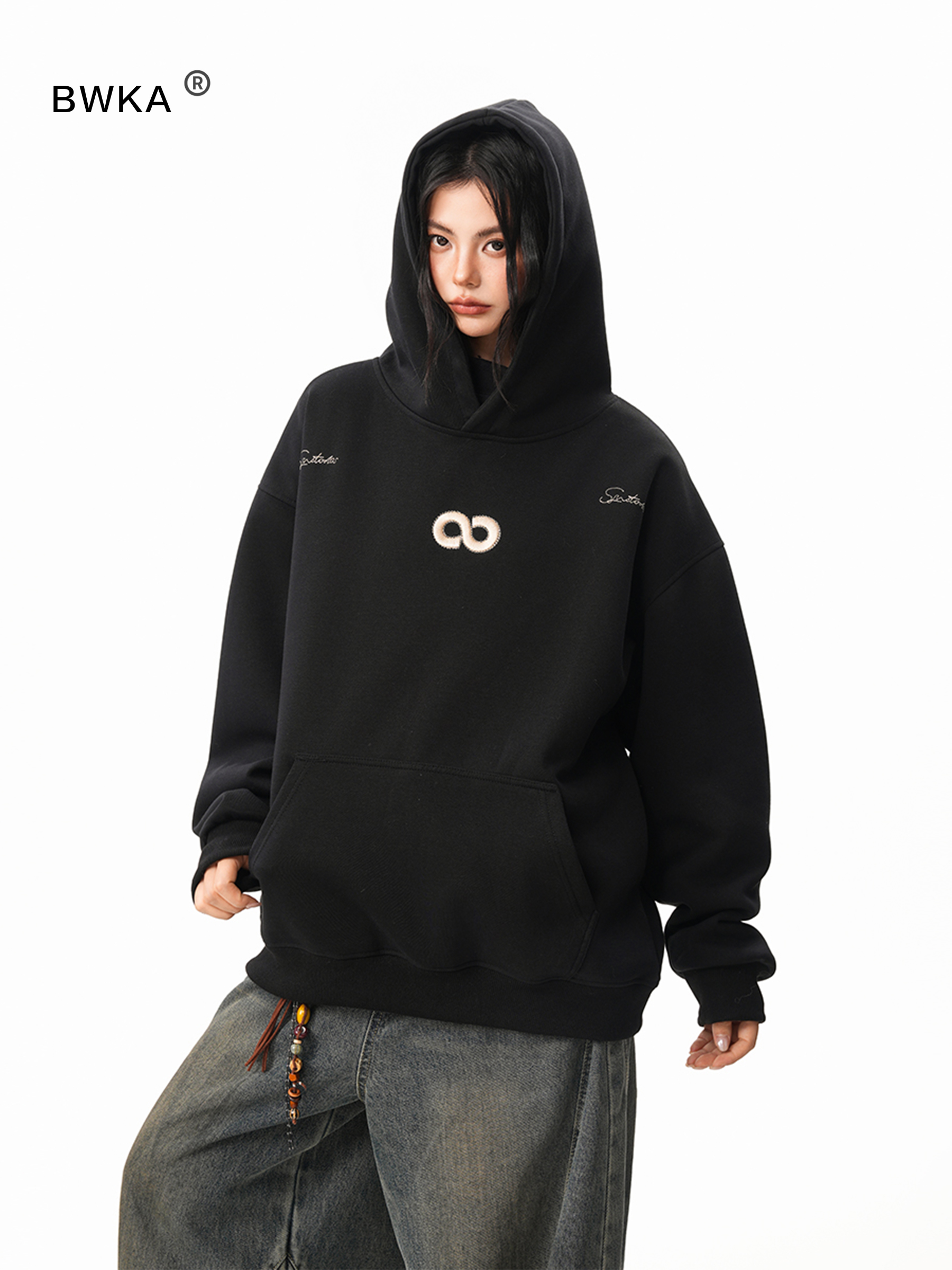 420G重磅立体数字刺绣加绒连帽卫衣女男秋冬宽松加厚保暖情侣帽衫