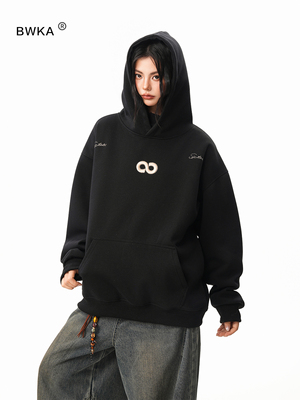 420G重磅立体数字刺绣加绒连帽卫衣女男秋冬宽松加厚保暖情侣帽衫