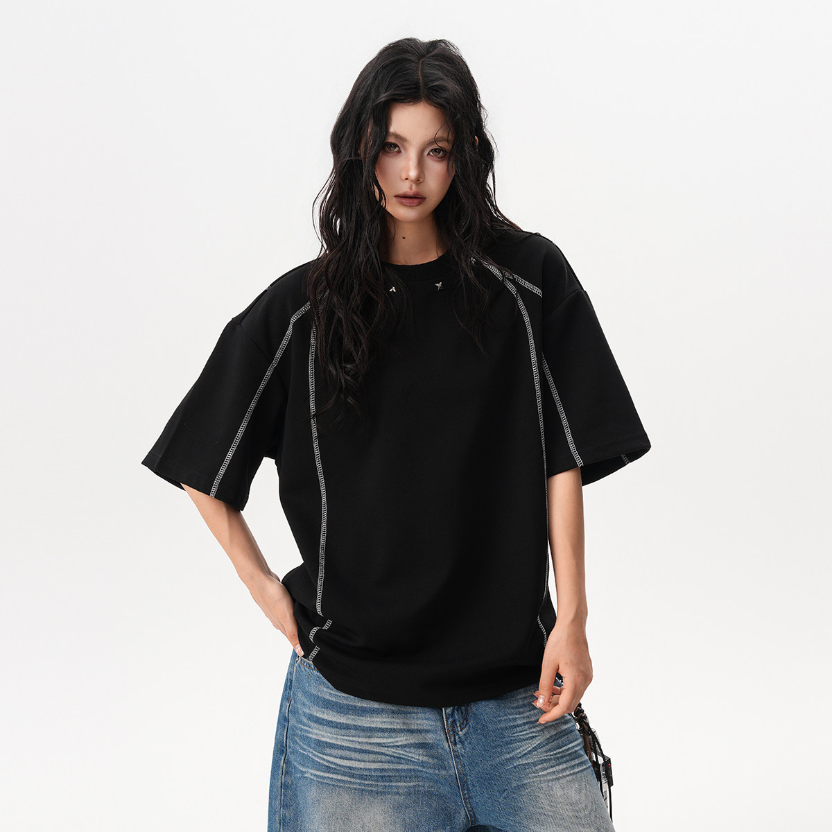 KA美式明线解构铆钉短袖女男2025夏季宽松休闲百搭圆领T恤上衣