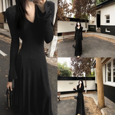 黑色针织连衣裙女冬天长