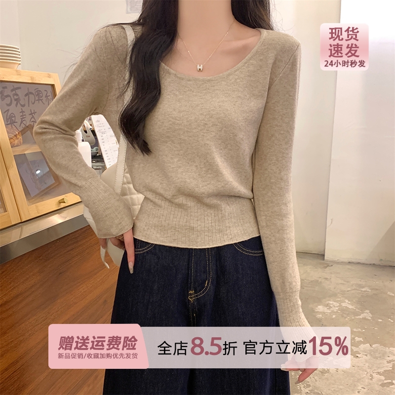 法式早秋低领露锁骨安迪绒针织打底衫女秋冬修身毛衣内搭长袖上衣