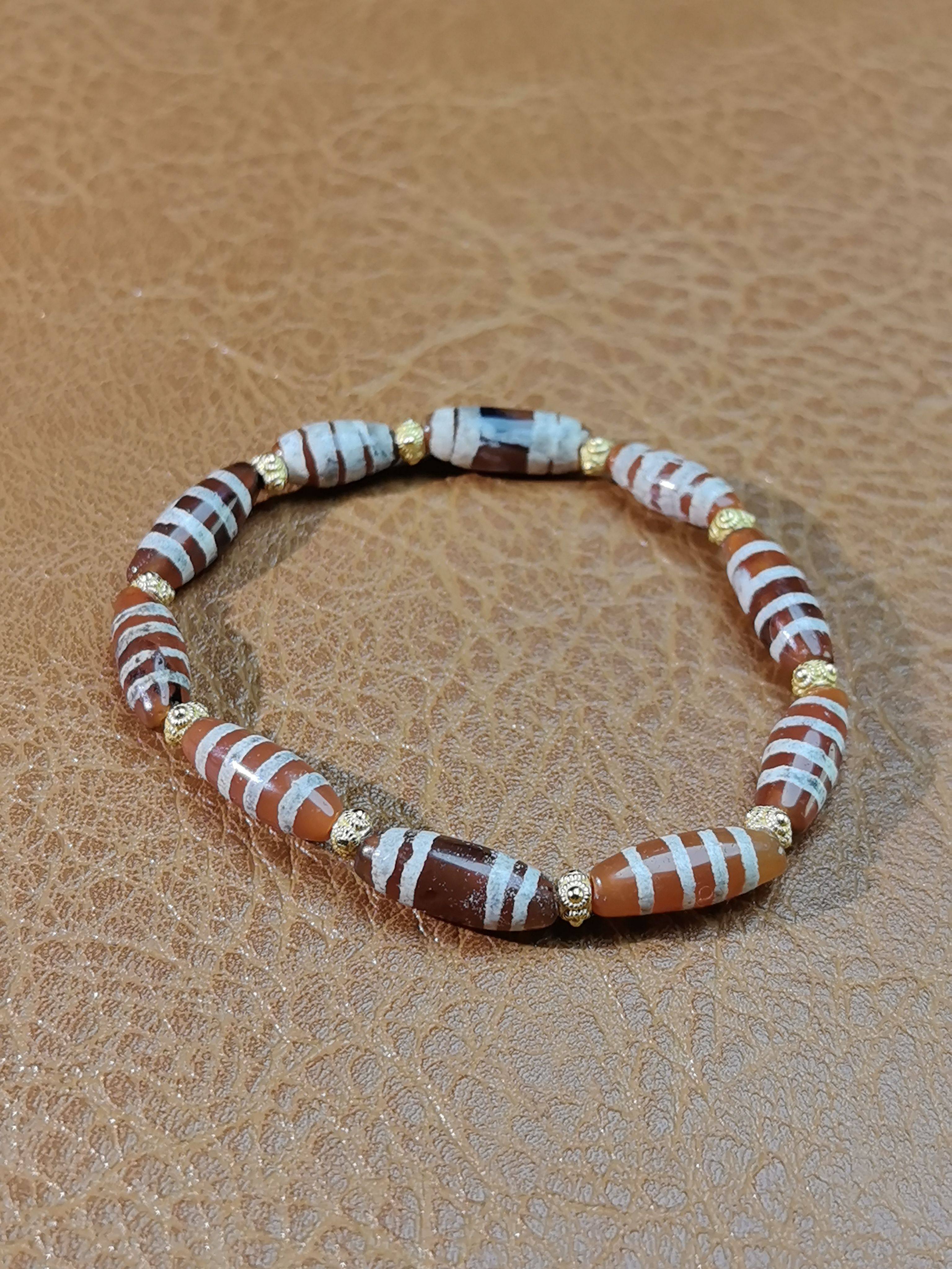 蚀花红玉髓四线线珠天珠旁系沁色钙化老气精致漂亮