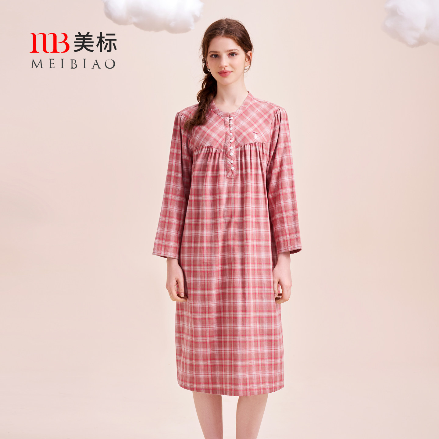 美标2025新款春秋九分袖纯棉睡裙女士复古格子可外穿全棉家居服冬