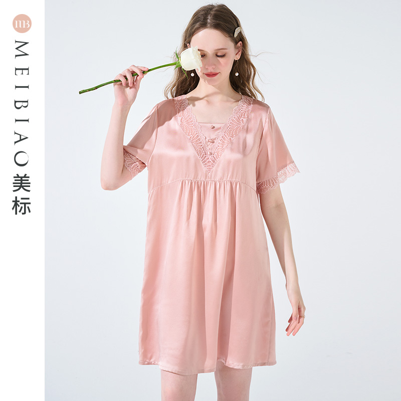 美标19姆米重磅短袖真丝睡裙女夏6A级桑蚕睡衣宫廷睡裙花边家居服