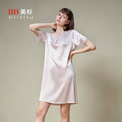 美标真丝玻尿搜短袖花边睡裙