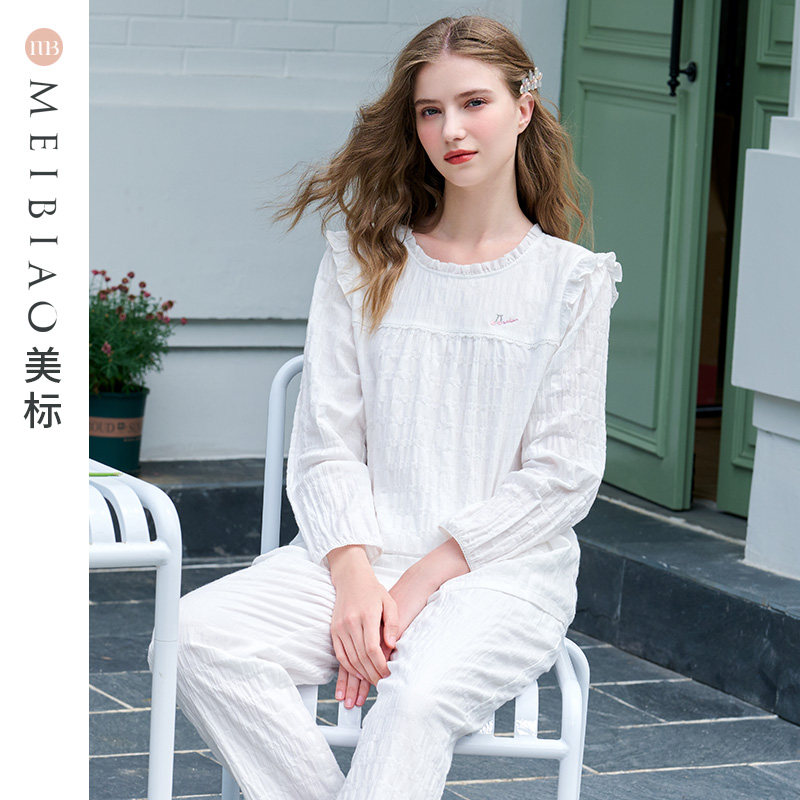 美标新款长袖纯棉睡衣套装女春秋公主宫廷风复古甜美全棉家居服冬