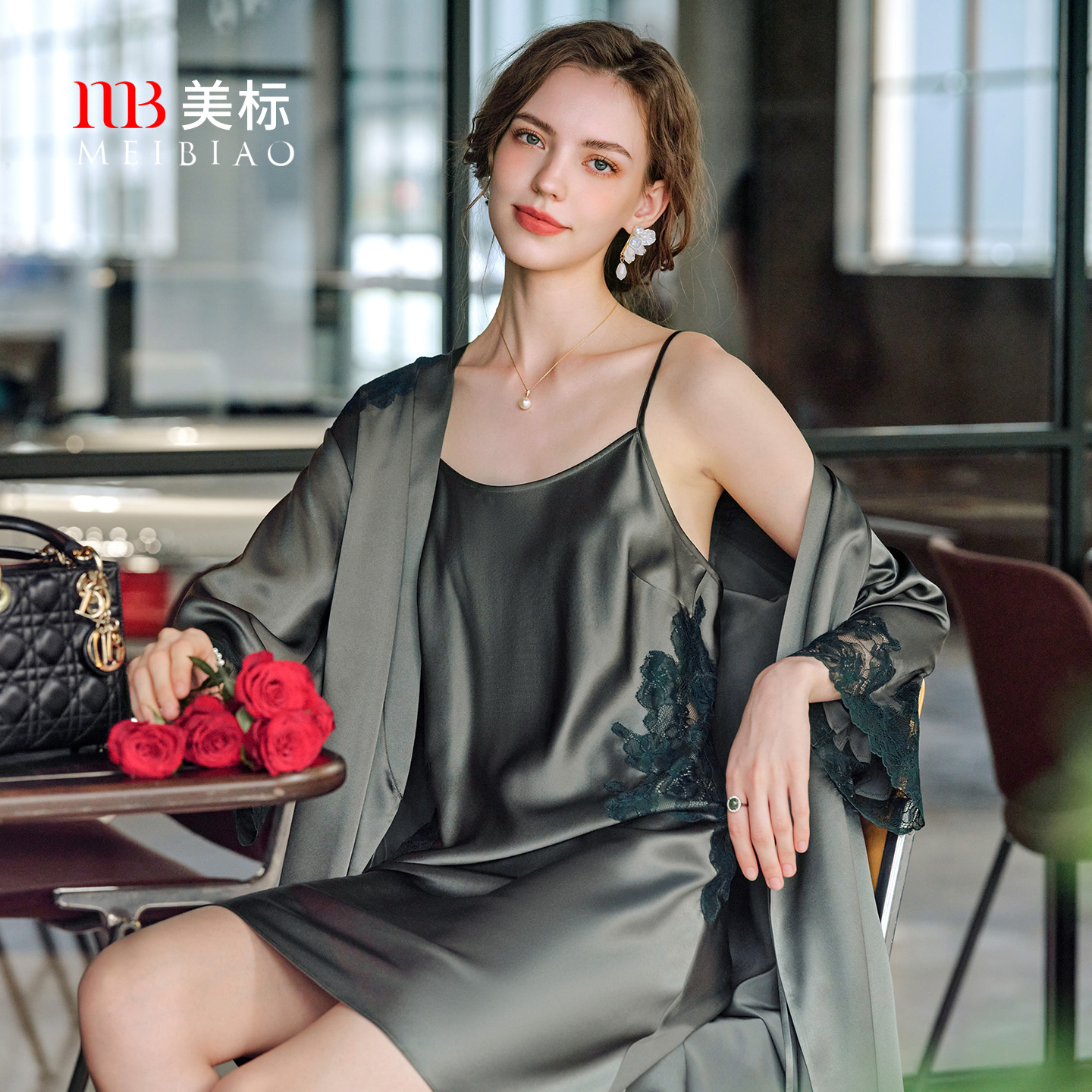 美标真丝女士吊带睡袍两件套
