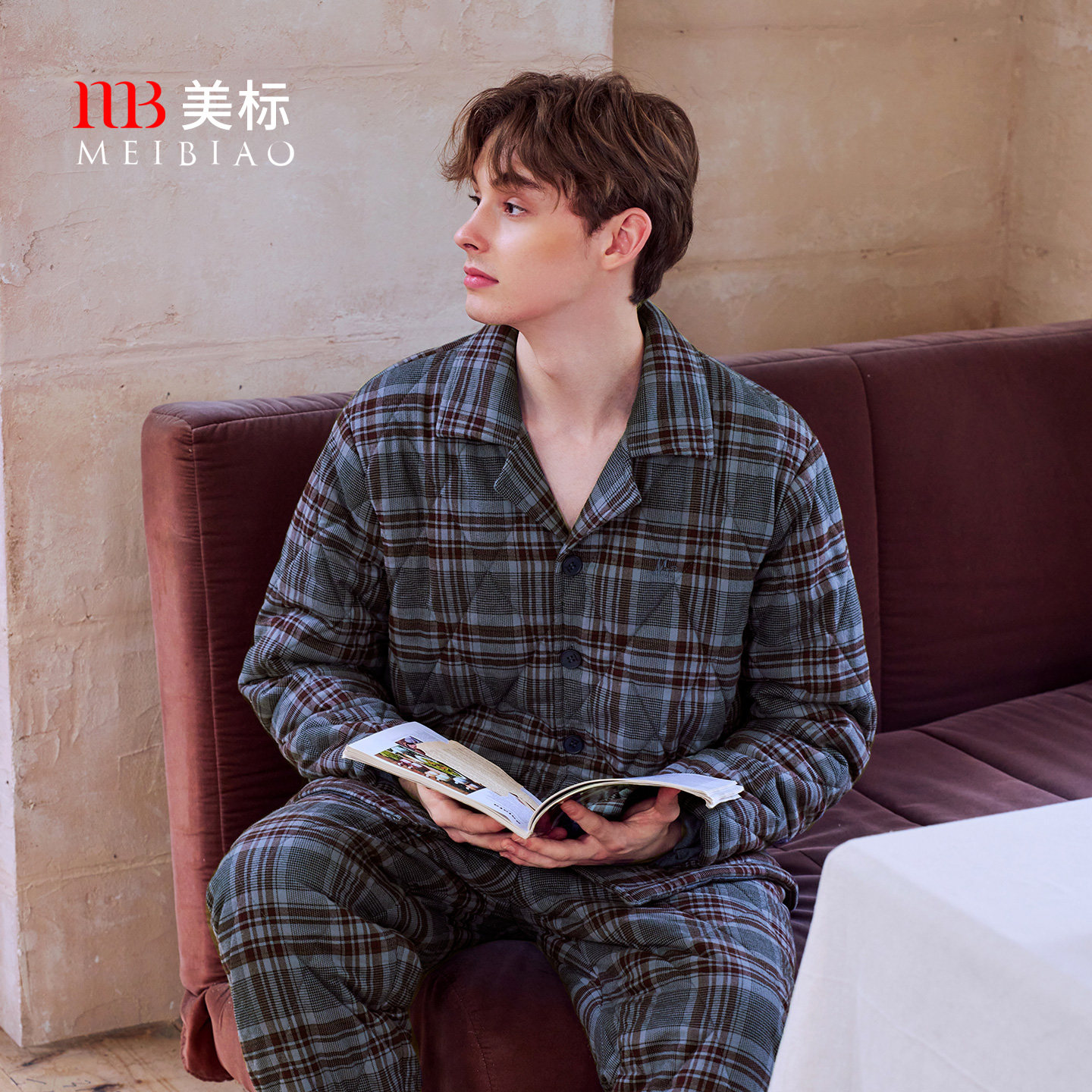 美标秋冬三层加厚夹棉纯棉睡衣套装男士全棉保暖格子可外穿家居服
