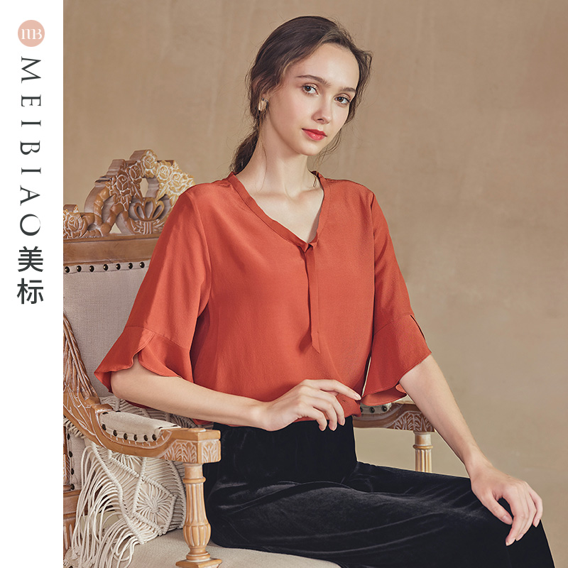 美标简约百搭真丝五分袖上衣