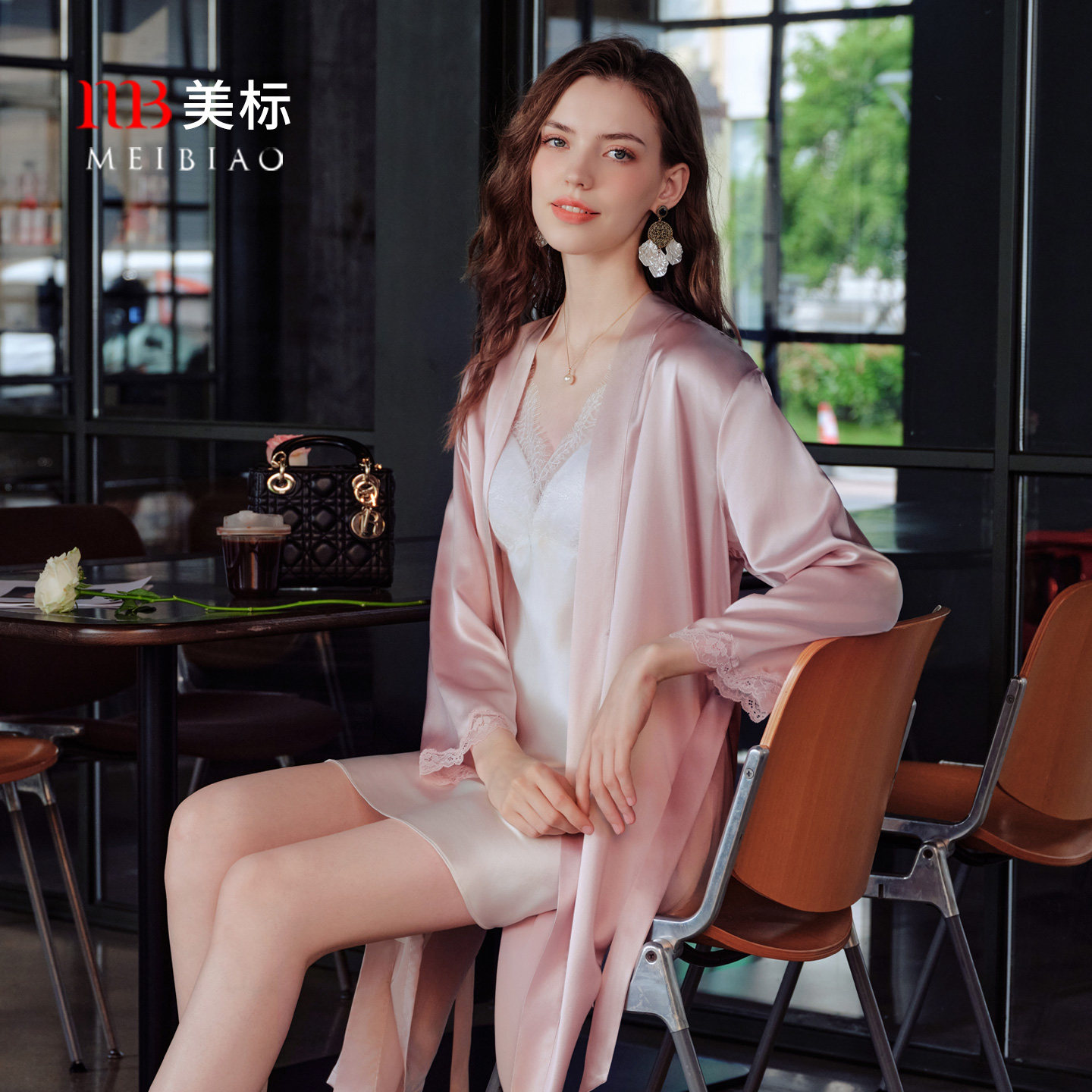 美标春秋新款长袖真丝单睡袍女蕾丝可外穿桑蚕丝绸家居服晨袍浴袍