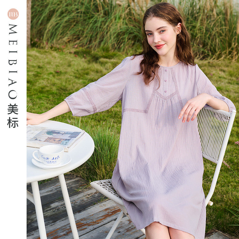 美标新款七分袖纯棉睡裙女春夏全棉质睡衣甜美公主风休闲家居服冬