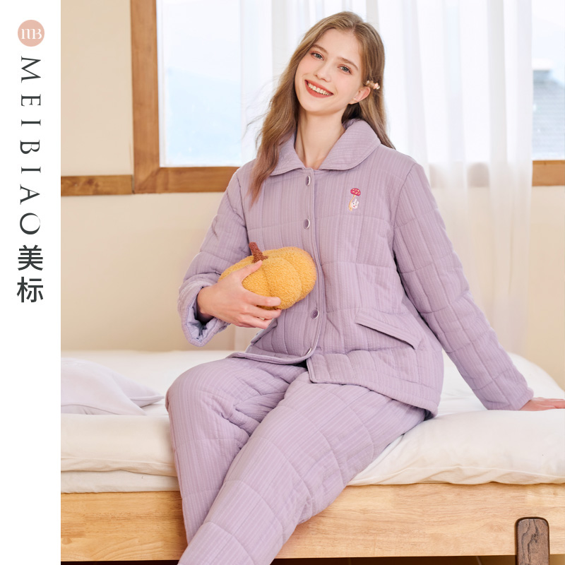 三层夹棉纯棉套装美标咖啡碳女