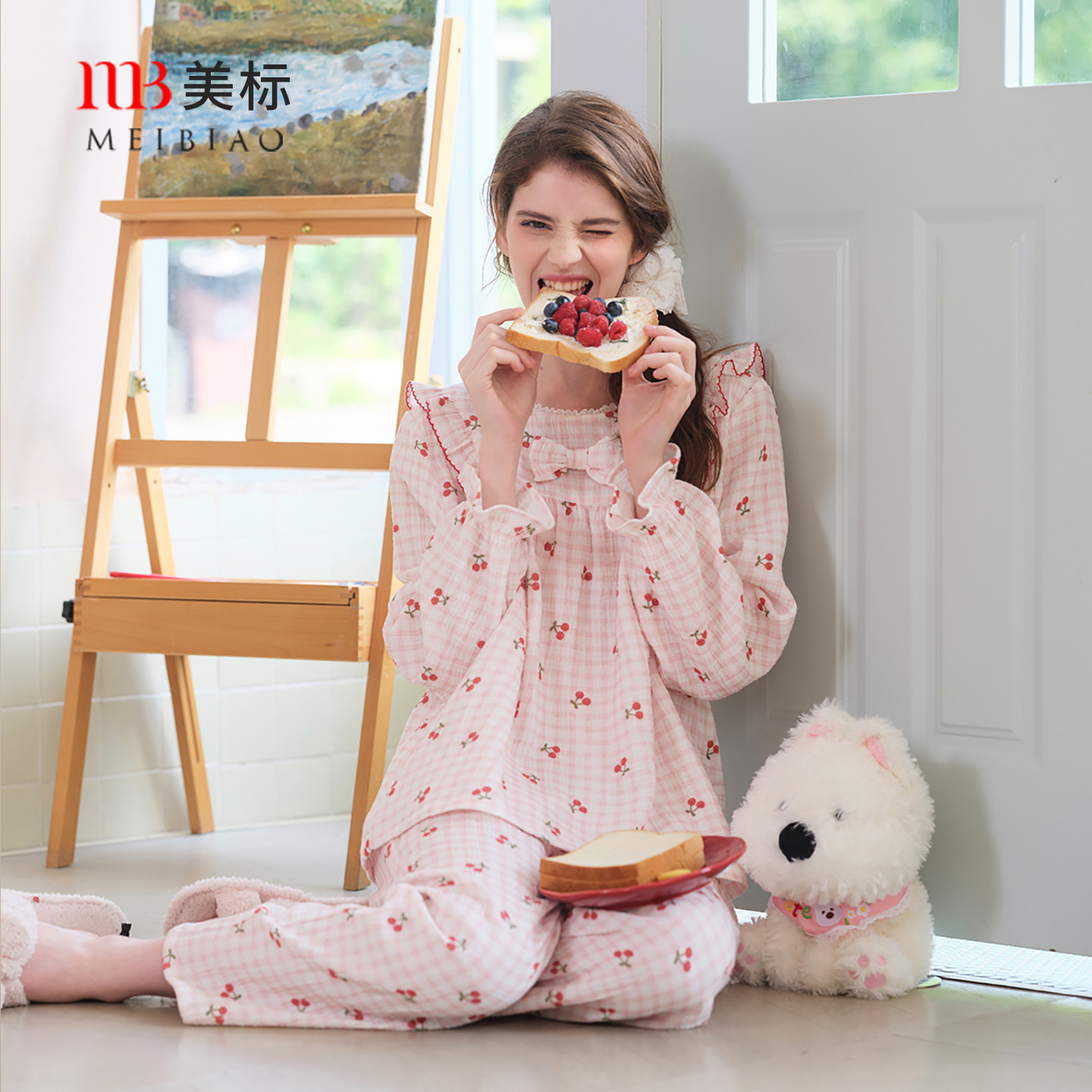 美标秋冬新款双层棉纱纯棉睡衣套装女甜美公主风全棉蕾丝家居服春