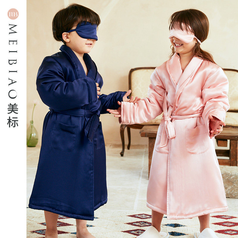 美标秋冬大童真丝夹棉睡袍浴袍女童桑蚕丝睡衣儿童丝绸家居服男孩
