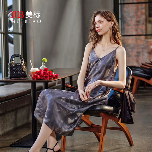 美标女士真丝吊带印花长睡裙睡衣