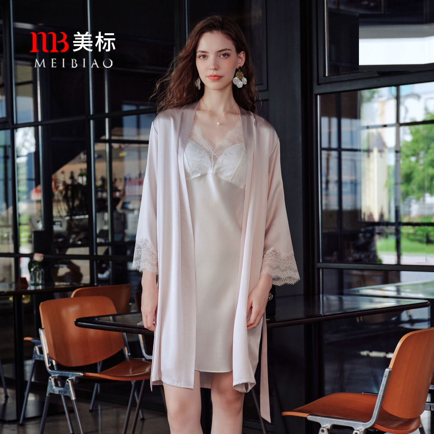 美标100%桑蚕丝真丝睡袍两件套