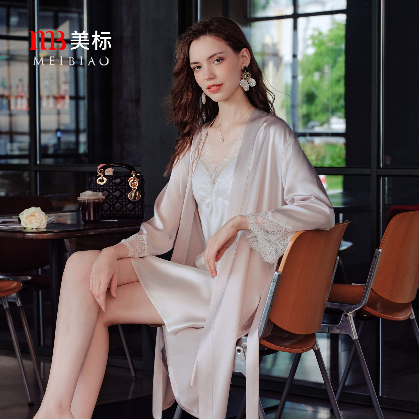 美标真丝长袖花边单睡袍