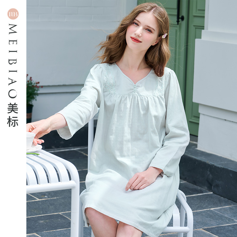 美标双层棉纱长袖绣花睡裙