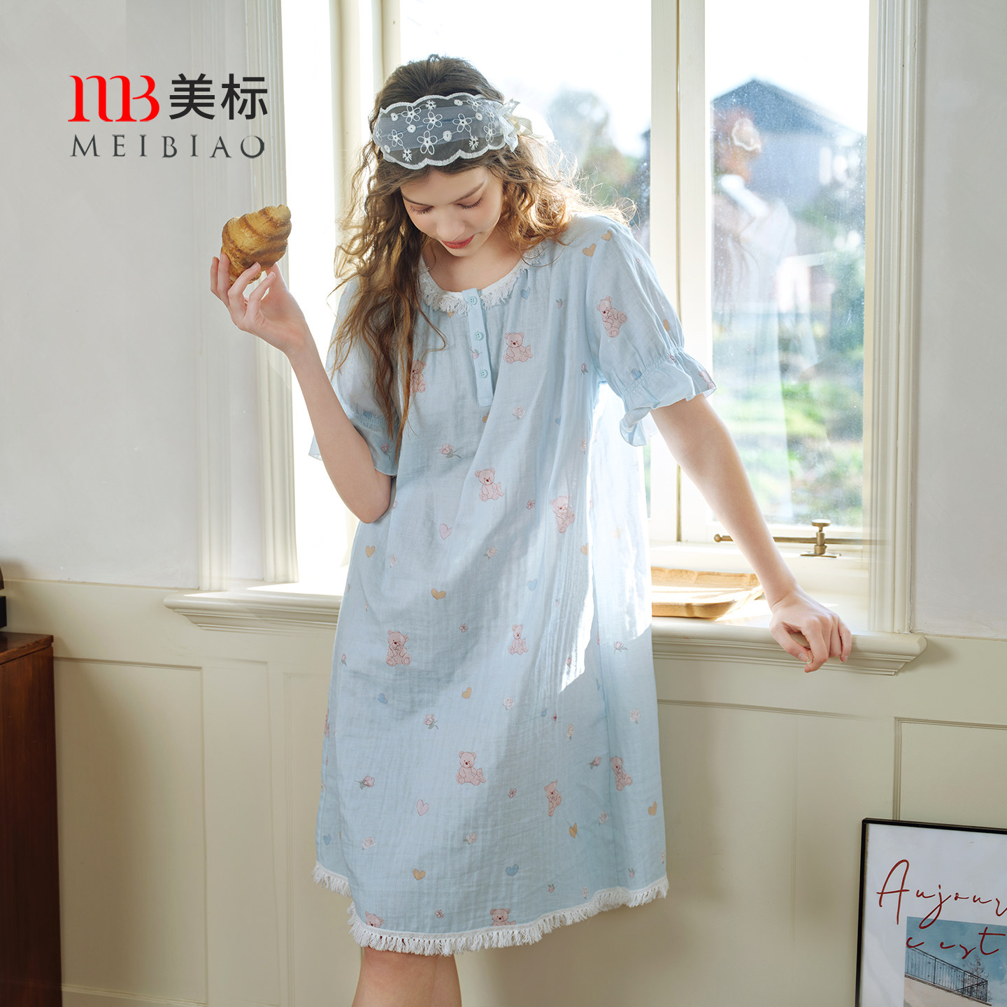 美标柔软棉纱女夏季可爱短袖睡裙图片