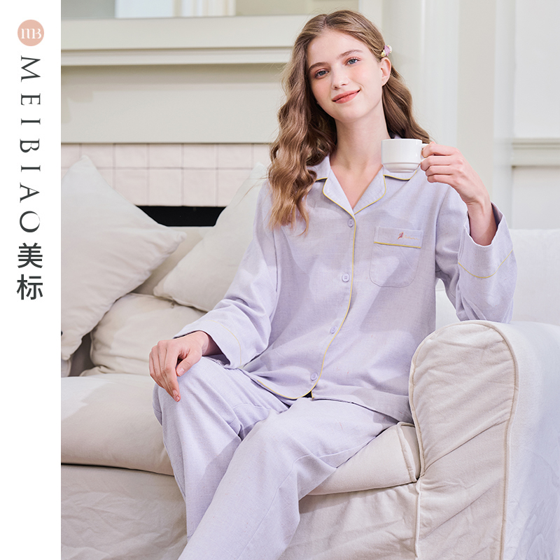 美标女士纯棉梭织磨毛绣花睡衣套
