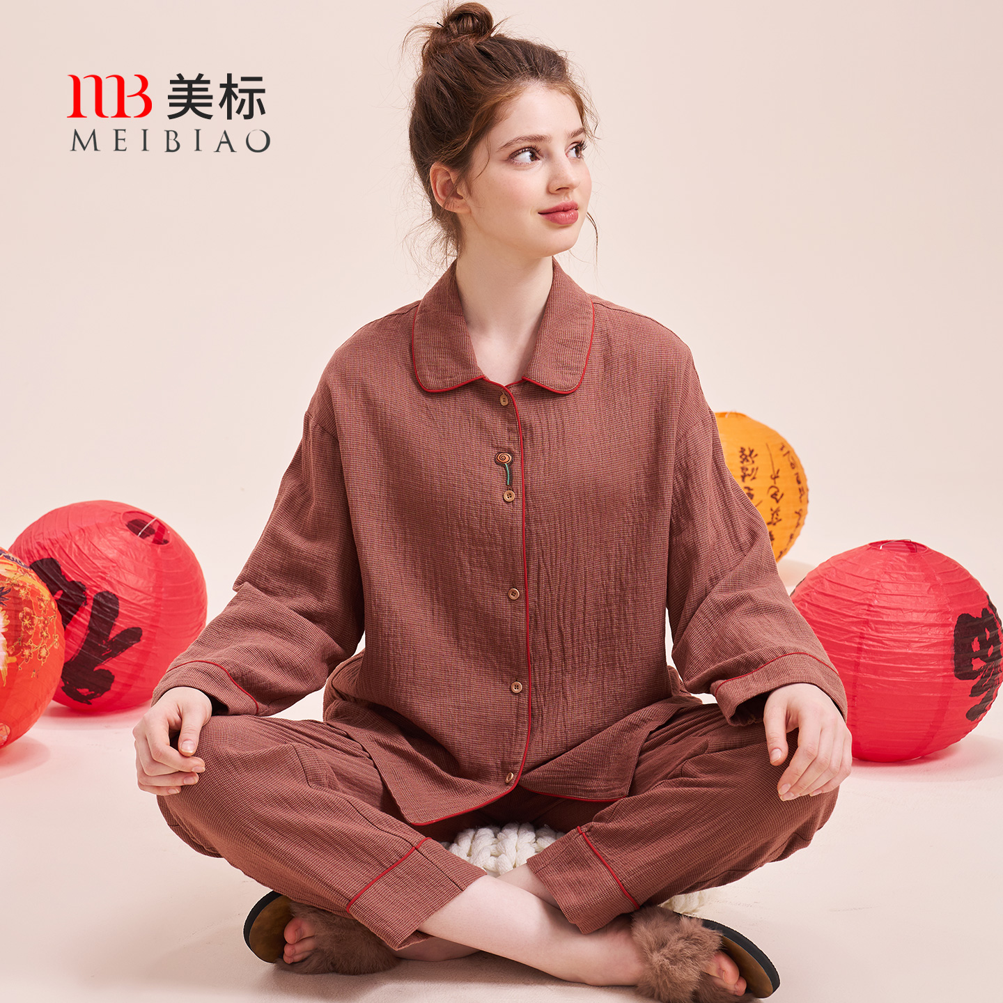 美标女士纯棉双层棉纱长袖套装