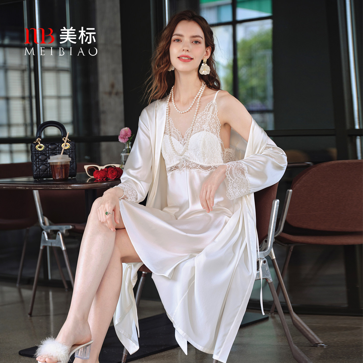 美标新款6A级真丝睡袍两件套女春夏桑蚕丝性感吊带睡裙丝绸家居服