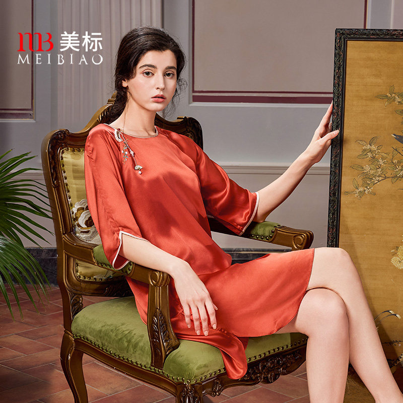 美标春夏重磅桑蚕丝七分袖睡裙女中国风红色本命年家居服丝绸睡衣