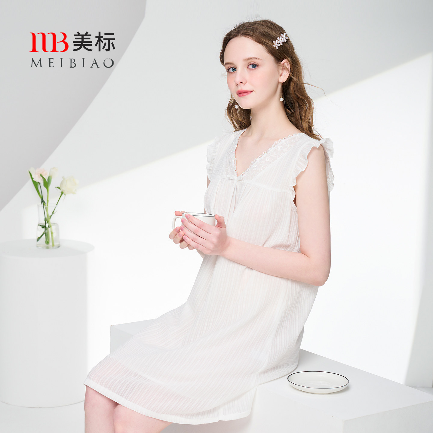 美标无袖梭织纯棉睡裙女夏宫廷公主风薄款睡衣全棉甜美蕾丝家居服